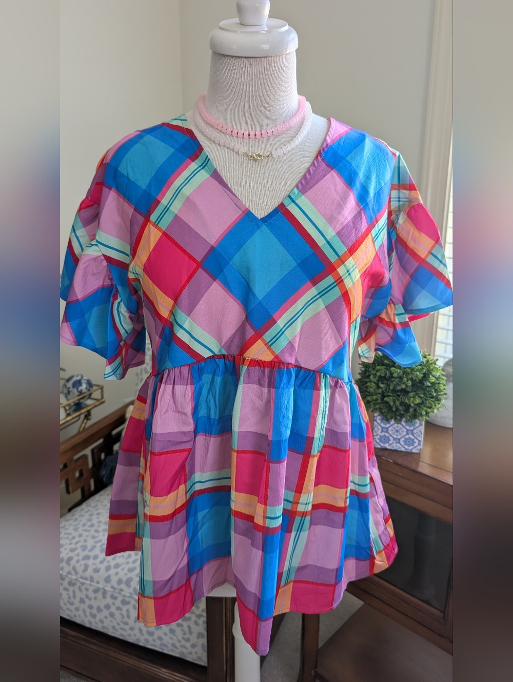 Colorful Plaid V-Neck Babydoll Top